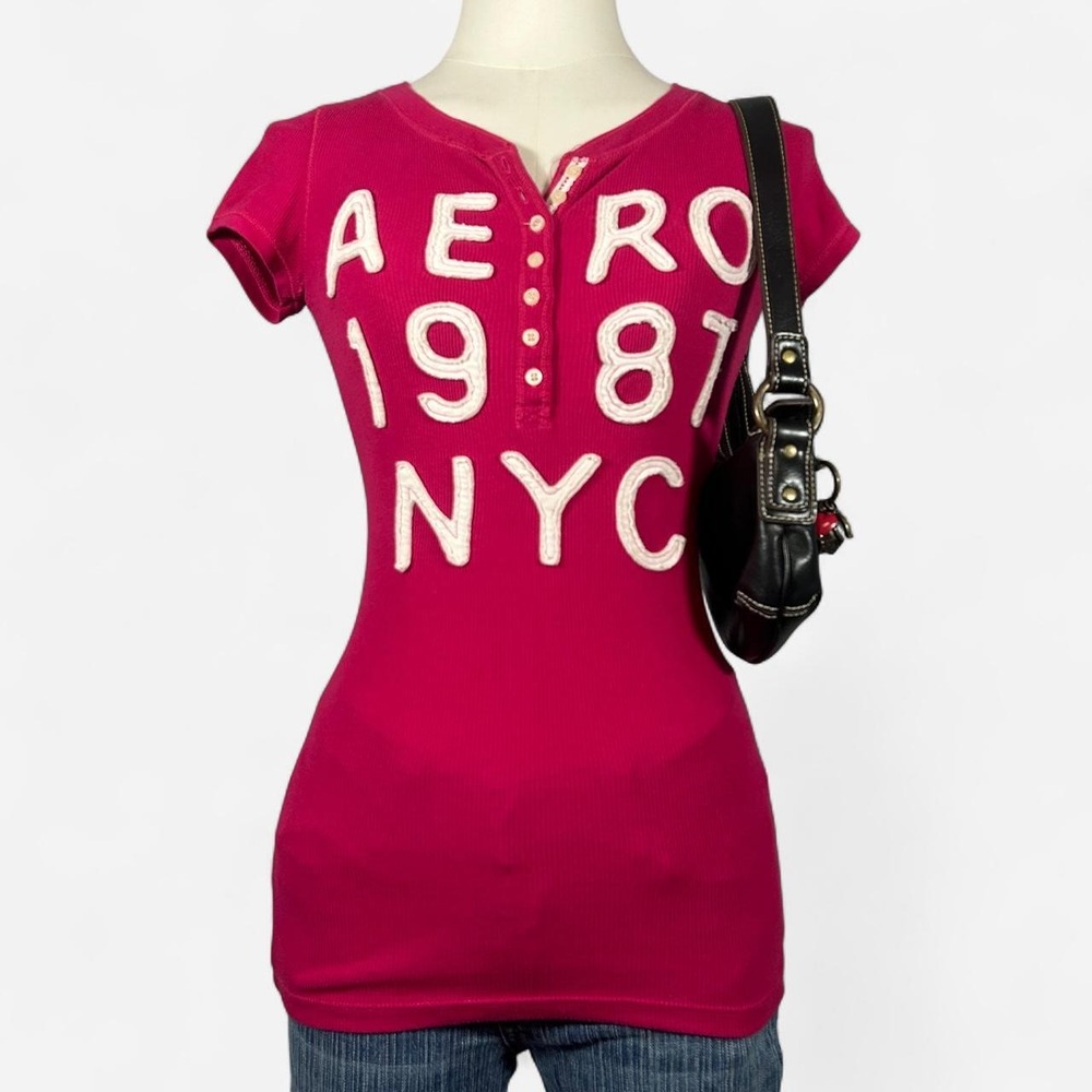 Y2K Aeropostale Pink Ribbed Henley Tee AERO 1987 NYC Womens Small Preppy